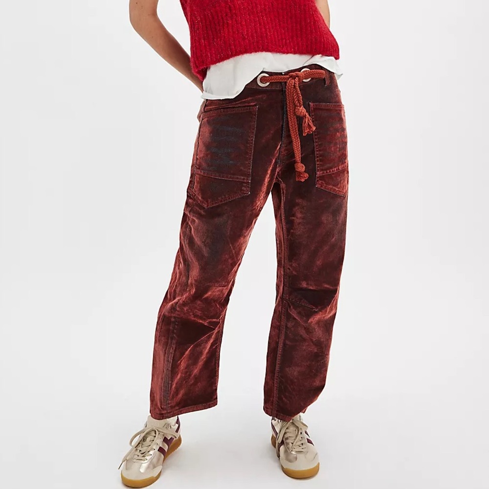FREE PEOPLE Moxie Flocked Pull-On Barrel Jeans Chilli NWT